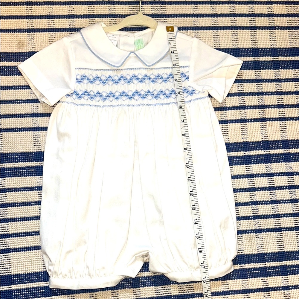 White ceremonial Baby Romper with blue smocking - size 9 month